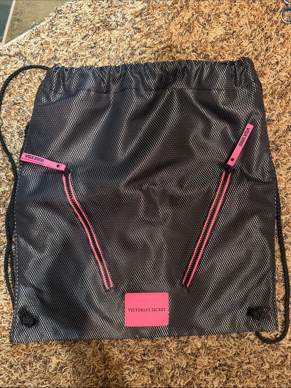 Victoria's Secret Black Drawstring Backpack with Pink Accents